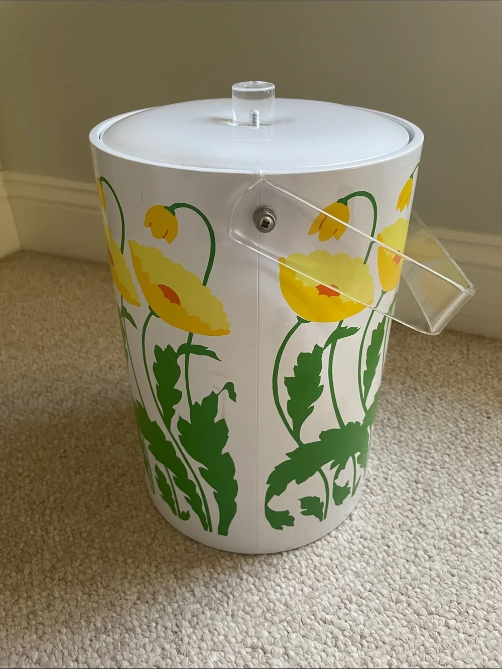 Vintage 1970s St. Tropez Audrey Pattern Ice Bucket with Clear Lucite Handle